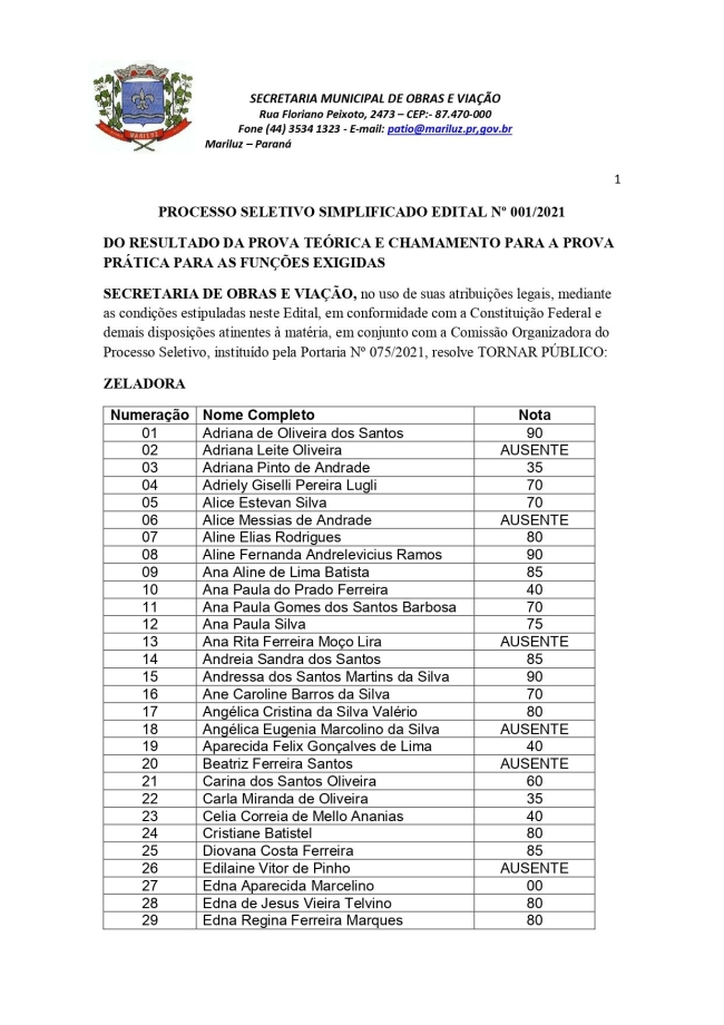 PSS 2021 da Secretaria Municipal de Obras e Viação, resultado prova teórica e chamamento para prova 