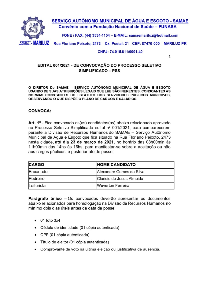 Processo Seletivo Simplificado do Samae de Mariluz Convocação do Processo Seletivo