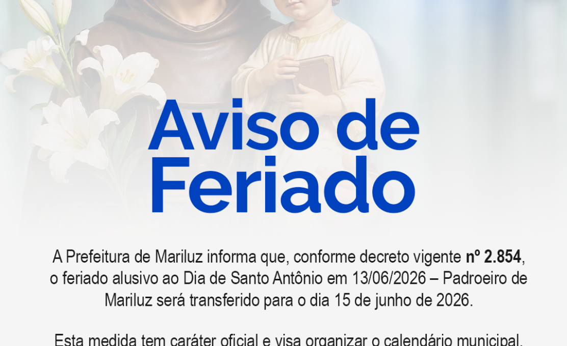Decreto Transfere o Feriado municipal para 15/06/2026