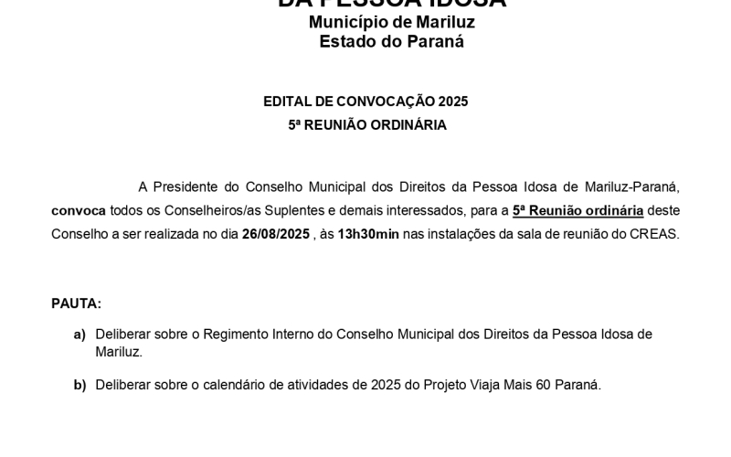 Edital de convocação do Conselho Municipal dos Direitos da Pessoa Idosa 5ª Reunião Ordinária