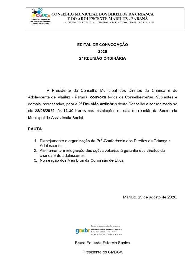 Edital de Convocação do Conselho Municipal dos Direitos da Criança e Adolescente