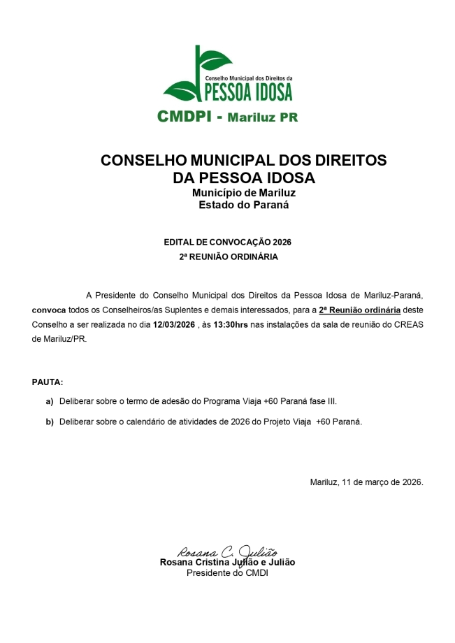 Edital de convocação do Conselho Municipal dos Direitos da Pessoa Idosa 2ª Reunião Ordinária