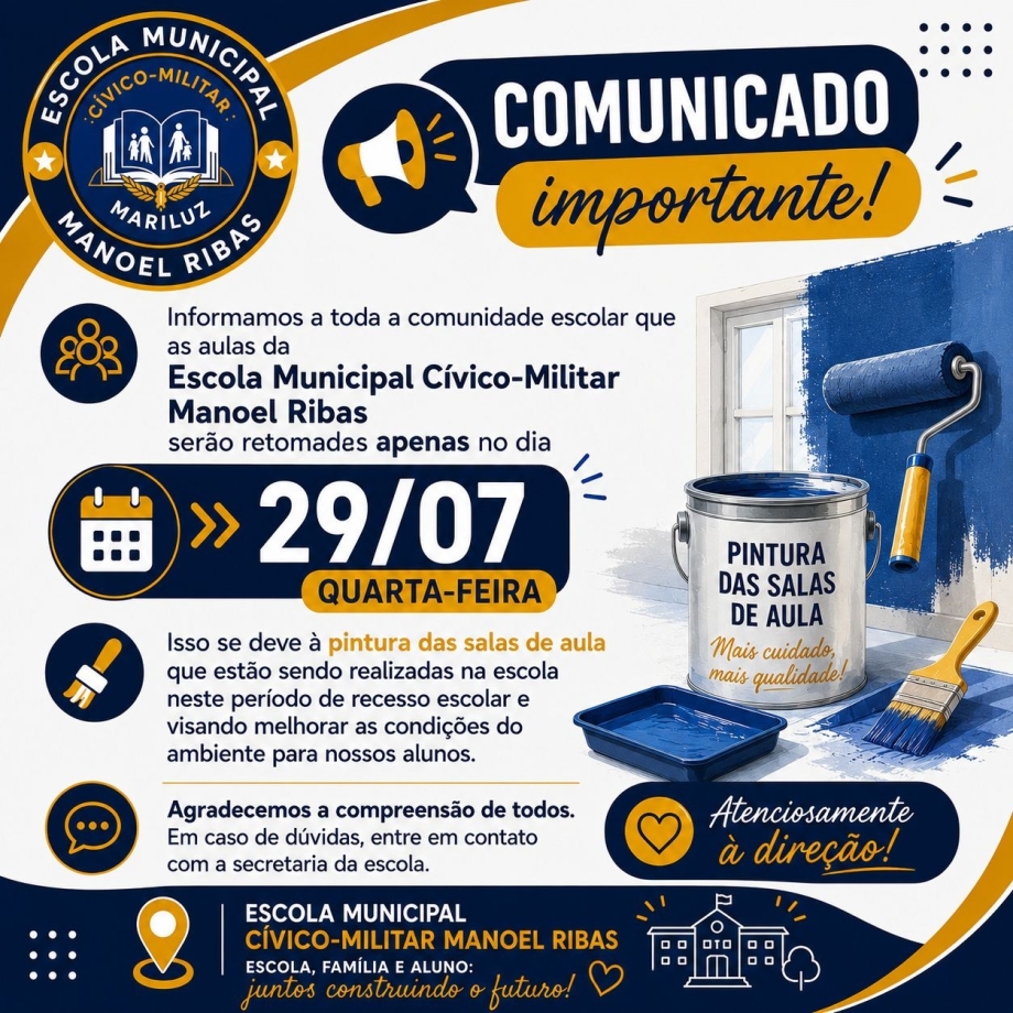 Comunicado da Escola Municipal Cívico-Militar Manoel Ribas 